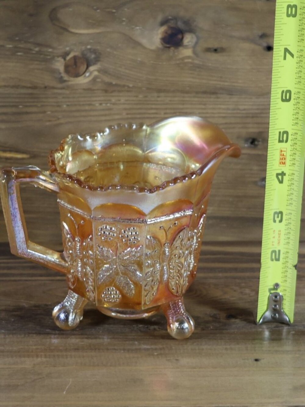 Vintage Fenton Glass Amber Creamer Pitcher Marigold Carnival Glass butterfly 5" - Picture 2 of 4